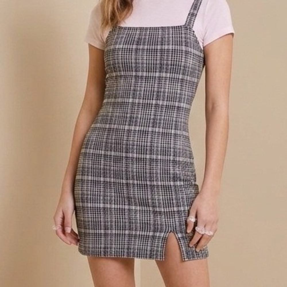 90s Y2K style plaid Mini Dress Womens Medium Grey Square Neck Grunge Revival